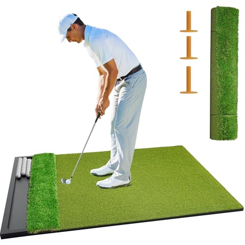 Image of Dual Turf Golf Hitting Mat with Ball Tray, Integrated Golf Practice Mat for Indoor & Outdoor Use Golf Training Mat with 3 Tees