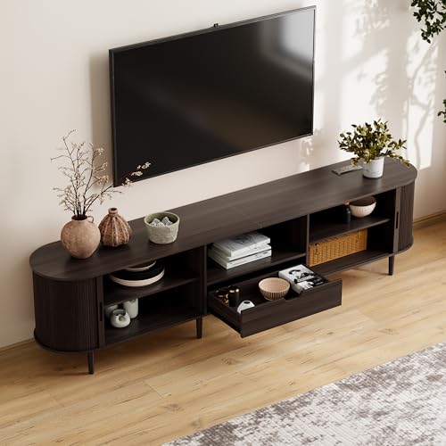 Image of DHH 86.6 inch Fluted TV Stand with Power Outlet for TVs up to 90 inch, TV Console with Adjustable Shelves and Sliding Door,Mid Century Modern Entertainment Center for Living Room,Bedroom (Dark Walnut)
