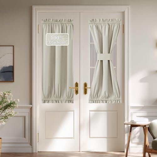 NICETOWN 100% Blackout Linen French Door Curtain, Thermal Insulated Door Shade for Privacy Thermal Insulated Window Covering for Bedroom Living Room,