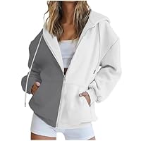 2025 Sweat A Capuche Femme Zippé,La Mode Épissure Double Couleur Manches Longues Chic Streetwear avec Poches,Oversize Grande Taille Veste Hoodie Automne Hiver Coton Veste Noir Femme Sweat
