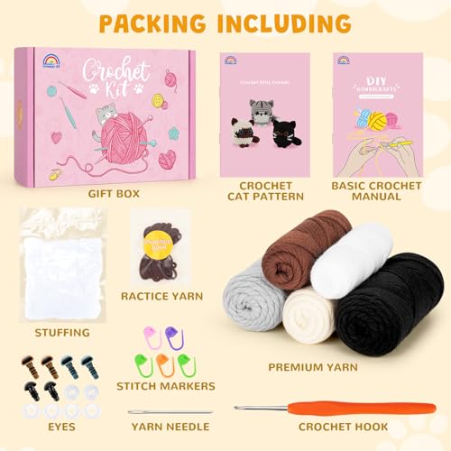 Image of Fortuning's JDS Crochet Kit for Beginners, Cat Crochet Kit for Adults Beginner, Complete DIY Crochet Starter Kit with Step-by-Step Video Tutorials, Easy Knitting Kit Cat Crochet Gifts