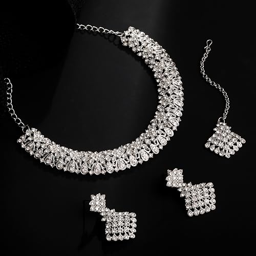 Image of Atasi International Silver Plated White Crystals American Diamonds Stylish Necklace Set with Earrings and Maang Tikka for Women and Girls | Stylish Jewellery for Party, Wedding and Festive Occasions (R6159)