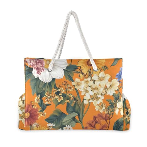 Autumn Flowers Sunflower Orange Large Capacity Big Tote Bags with side pocketes Weekender Overnight Bag for Pool Gym Grocery Travel2