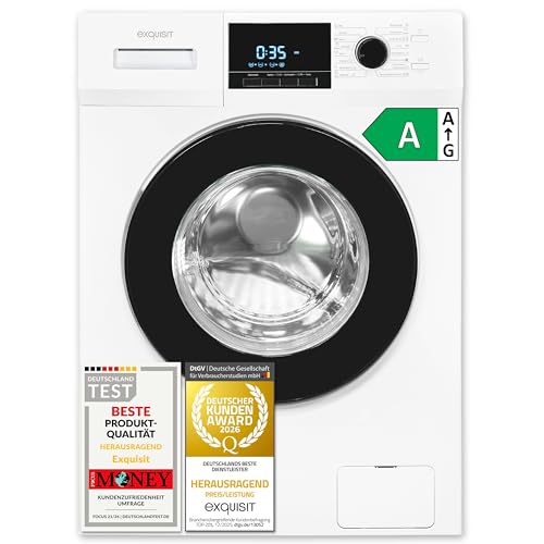 Exquisit Waschmaschine 9kg, Energieeffizienzklasse A, max. 1400 U/Min, Aquastop, Kurzprogramm, Startzeitvorwahl (3-24 Std.), Höhenverstellbare Füße, 16 Waschprogramme, WA59214-340A weiss