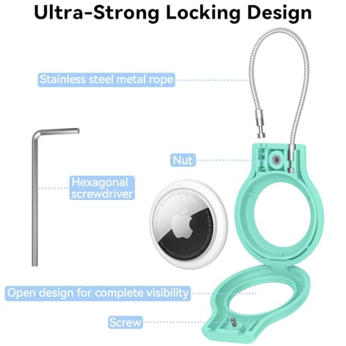 Image of Meliya at Holder for Apple at Secure Holder with Wire Cable, 4 Pack Air Tag Lock Case Keychain Key Ring Key Chain Luggage Tag for Keys, Luggage & More - Mint Green