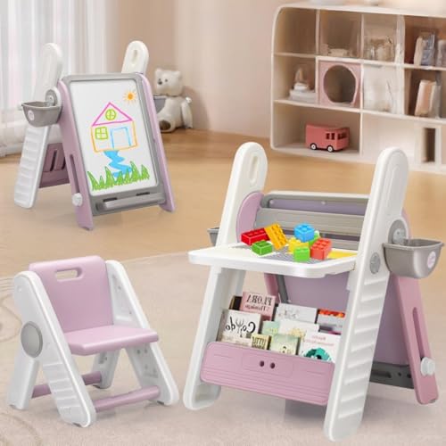 Image of Little Olive 3 in 1 Kids Activity Table and Chair Set with Drawing Board and Easel | Pink Convertible Study Desk for Children | DIY Space Saving Learning Station for Toddlers Ages 3 to 7 Years