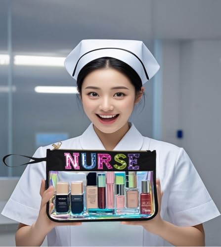 Nurse Letter Bags Clear Makeup Bag, Nurse Gift Cosmetic Bag for Travel Zipper Pouch with Handle Nurse Accessories, Nylon & PVC Waterproof Toiletry Organizer Bag for Women Girls Gift (Black Nurse)4