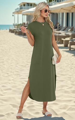 Image of HiMONE Beach Vacation Dresses for Women 2025 Sundress Cap Sleeves Casual Maxi Beach Dress with Pockets XS-2XL