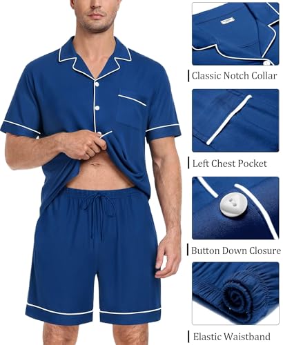 Image of SWOMOG Mens Pajama Set Short Sleeve 2 PCS Sleepwear Button Down Soft Loungewear Modal Set Pj Set with Pockets S-3XL
