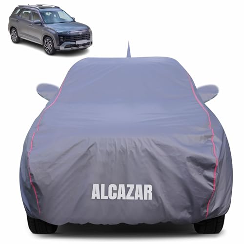 Image of 100% Waterproof Car Body Cover for Hyundai Alcazar with Mirror Pocket (Heat & UV Resistant, Triple Stitched, Soft Lining, Bottom Elastic & Piping) Grey