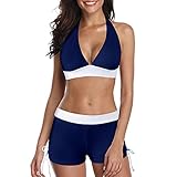 Zando Push Up Two Pieces Bikini With Boyshort Athletic V Neck Swimsuit Vintage Halter Back Swimwear Bathsuit For Women Flattering Navy Blue White XL (US 10-12)