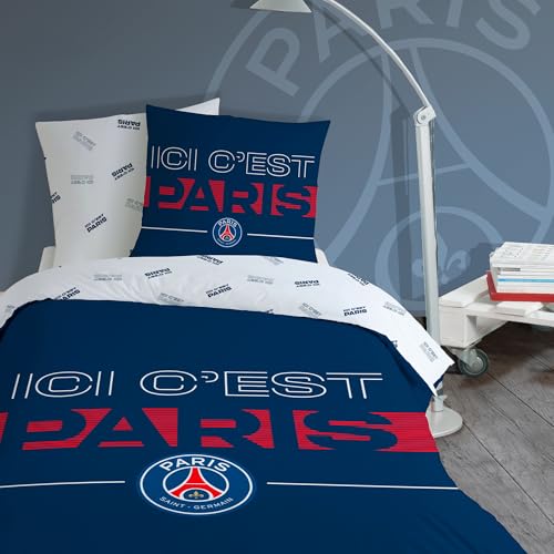 OMYDREAM PSG Devise Parure de lit Enfant | 100% Coton | Oeko-TEX | Housse de Couette 140x200cm + 1 Taie d'oreiller 63x63cm | Imprimé Garçon | Bleu