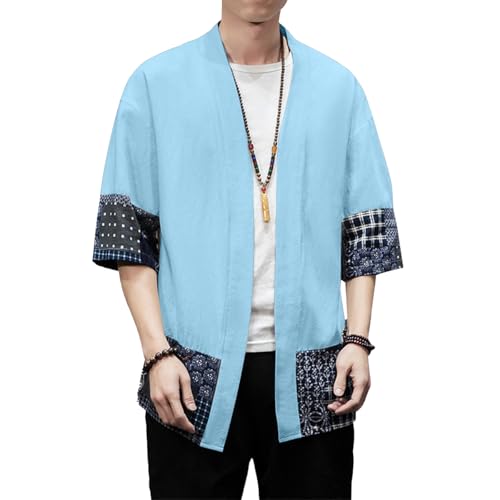 Image of PRIJOUHE Men's Kimono Jackets Cardigan Lightweight Casual Cotton Blends Linen Seven Sleeves Open Front Coat Outwear