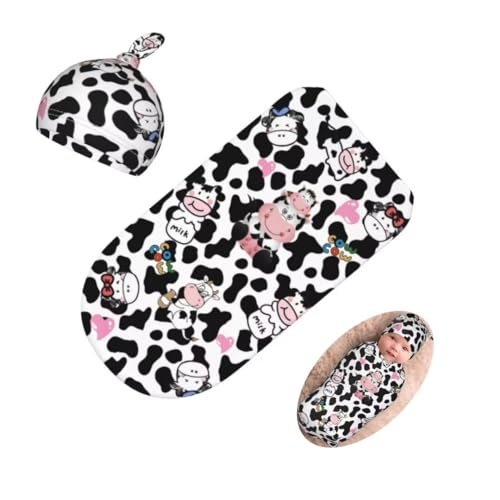 Image of Cute Cow Print Newborn Swaddling Blanket Beanie Hat Sets Soft Baby Receiving Funny Cattle Blanket Soft Sleeping Bag New Born Soft Sleep Sacks for Boys Girls