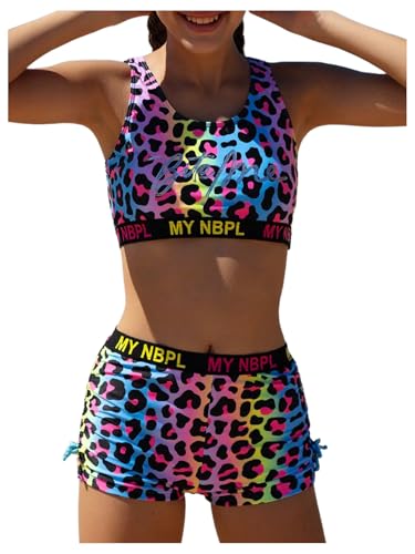OYOANGLE Girl's Leopard Print Bikini Sets Letter Print Scoop Neck High Waisted 2 Piece Bathing Suits