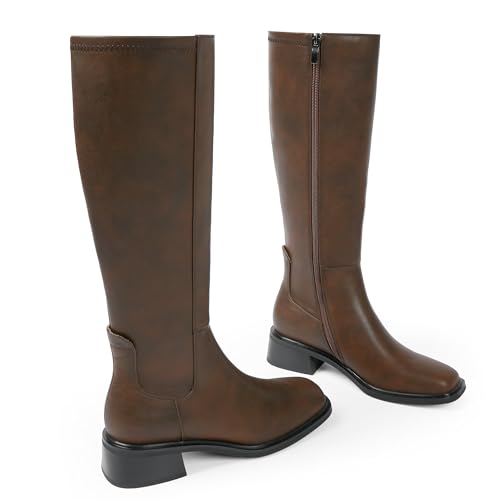 Image of QIY Knee High Boots for Women Low Heel Flat Tall Boots | Stretch Boots, Chunky Heel Womens Boots, Square Toe Heeled Fall Winter Dress Riding Long Boot with Side Zipper