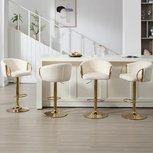 Butacos de Bar en Terciopelo, Set de 4, Ajustables con Giro de 360°, Altura Regulable, con Espaldar y Reposabrazos, Dorados, para Isla de Cocina y Bar en Casa, Color Crema Dorado miniatura 1