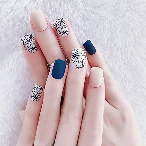 女性ネイルアートの装飾 24 個ショートネイル花柄ブルーマットネイルフェイク Ongles 女性ネイルアートの装飾 24 個ショートネイル花柄ブルーマットネイルフェイク Ongles