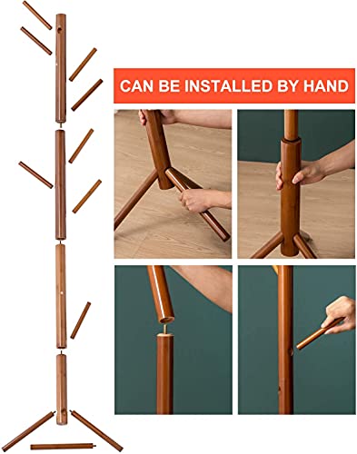 Image of Ginoya Brothers Wooden Coat Rack, Freestanding Hall Tree with Hooks Easy to Assemble Suitable for Children and Adult, Hat Clothes Rack Stand for Bedroom Office Entrance. (92-2 Walnut)