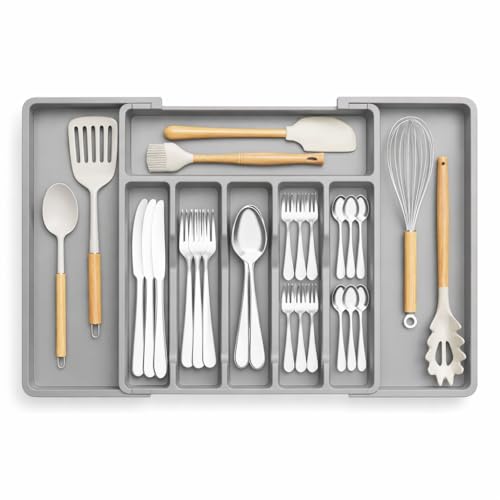 Image of Expandable Cutlery Organizer for Kitchen Drawer | Adjustable Utensil, Spoon, Fork, Spatula, Knife Storage Plastic Divider Tray 8 Compartments | BPA Free - Grey