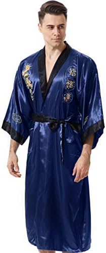 Men's Chinese Dragon Embroidered Satin Long Men Robe,Smoking Jacket Yukata Christmas Pajamas Kimono for Men