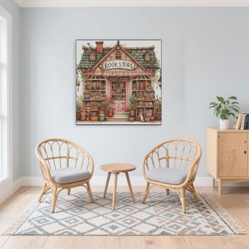 Image of MYBISYMQQ Book Store Cross Stitch Kits for Adults,11CT Stamped Cross Stitch Kits for Beginner,DIY Needlepoint Embroidery Patterns Kits Embroidery Patterns for Home Wall Decor 13.7x13.7 inches