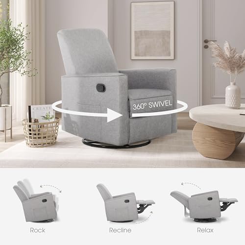 Image of Evolur Raleigh Upholstered Manual Glider Recliner- Rocking & 360 Swivel with Smooth Glide - Greenguard Gold & FSC Certified - Modern Nursery and Living Room Chair in Light Grey