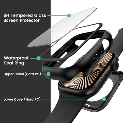 Image of 3 in 1 Goton Waterproof Hard Case for Apple Watch Screen Protector 46mm, 360 Slim Full Protective Tempered Glass Face Cover + Back Hard PC Bumper for iWatch Series 11 /10, 46mm Matte Black