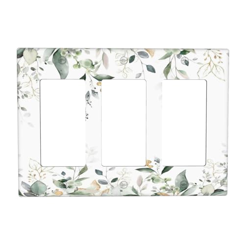 Decorative Outlet Covers Rustic Ink Green Eucalyptus Leaves Sage leaf 3 Gang Outlet Cover Wall Plate Triple Rocker Light Switch Cover Plate Switch Plate Covers for Bedroom Home Decor