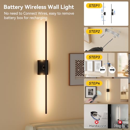 Image of Ouyulong Battery Operated Wall Sconces Set of 2, 10000mAh Wireless Rechargeable 3000-6000K Dimmable 350 Rotate Wall Light with Remote for Living Room, Bedroom 27.6in Black