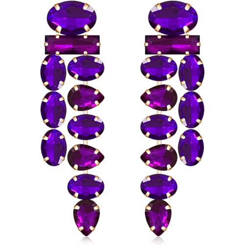 JOONL Boho Large Sparkly Rhinestones Teardrop Drop Dangle Earrings Long Tassel Full Crystals Chain Earrings for Women Wedding (Purple)