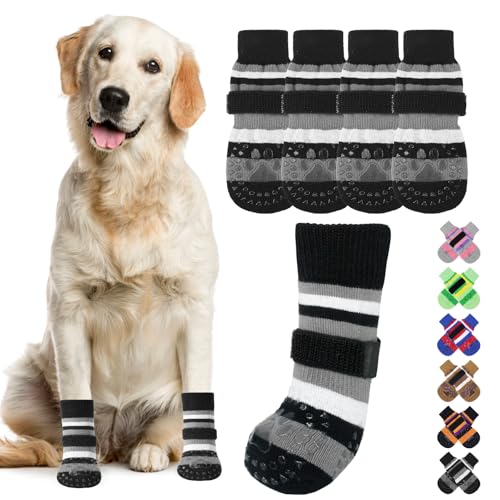 KOOLTAIL rutschfeste Hundesocken, Stiefel, wasserdichte Hundeschuhe, Pfotenschutz mit Riemen, Traktionskontrolle für Hartholzböden, verhindert Lecken für kleine, mittelgroße und große ältere Hunde