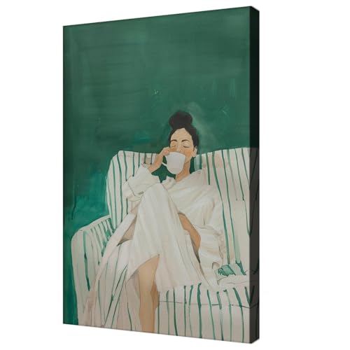 DYHOLILAND Vintage Minimalist-Wall Art-Stripe Woman Drink Coffee Poster For Minimalism Enthusiast Decor-Abstract Art-Art Canvas Print Picture For Home Living Bedroom Office Decor