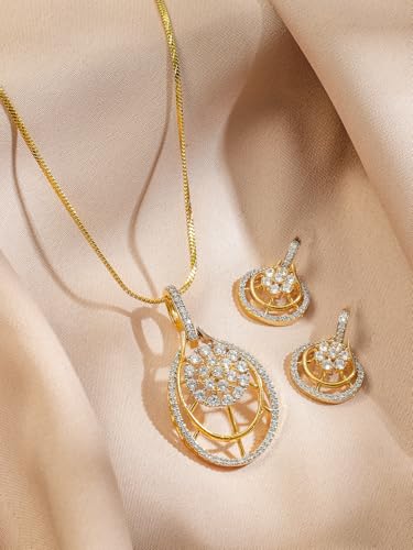 Image of Rubans Pendant Necklace Set American Diamond and Zirconia Gift Jewellery for Women & Girls