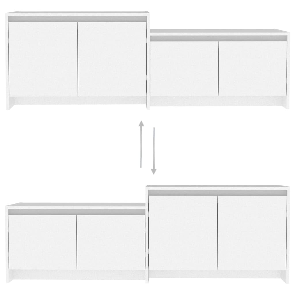 Szafka TV biała 146,5 x 35 x 50 cm, materiał drewnopochodny, 4 drzwi, trwała, do salonu, konsola medialna, uniwersalna podstawka pod telewizor, łatwy montaż
