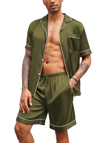 Image of Ekouaer Mens Satin Pajamas Set Button-Down Short Sleeve Shirt Top Soft Silk Sleepwear Shorts with Pockets