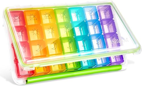 Image of Fullicon Weekly Pill Organizer 4 Times a Day, Pill Box 7 Day for Travel, Moisture-Proof Daily Pill Box Organizer, Large Pill Case for Medicine, Vitamin, Fish Oil, and Supplement (Clear and Green)