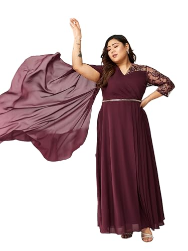 Image of Miss Chase A+ Women's Floral Printed Relaxed Fit V -Neck 3 /4Th Sleeve Georgette Maxi Dress