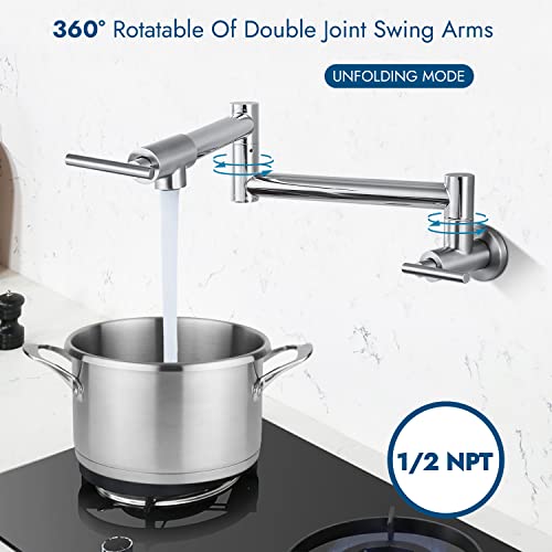 Cinwiny Pot Filler Wall Mounted Polish Chrome Kitchen Sink Faucet Stainless Steel Single Hole Double Handle Stretchable Commercial Faucet With Folding Double Joint Swing Arm #TOP2