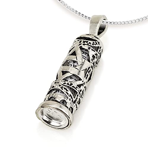Mezuzah Necklace 925 Sterling Silver, Scroll Pendant with Star Of David, Jewish Shema Necklace, Jewish Jewelry, Chain Hebrew Letters, Messianic, Blessings Israel Gifts Souvenirs Spiritual Kabbalah Art Holy Land, Hebrew Jewelry for Men