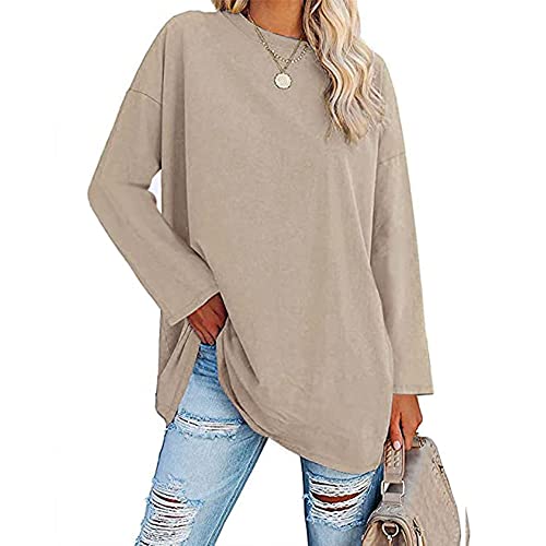 Image of Famulily Women's Casual Plain T Shirts Ladies Round Neck Long Sleeve Tops Comfy Cotton Loose Tunic Blouse Tops Beige XXL