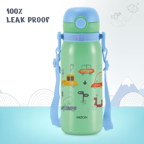 Image of MILTON Torque 650 ISI Certified Stainless Steel Water Bottle, Leak Proof, Rust Proof, Single Walled,1 Yr Warranty, Ideal Sipper Water Bottle for School Kids Bottle, 625 ml, Aqua Green (Cars)