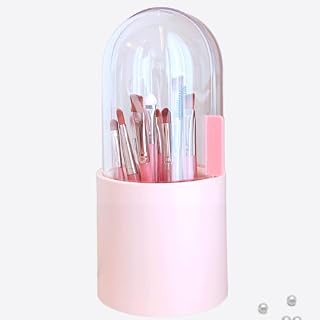 SUNFICON Makeup Brush Organizer Holder Pink Dustproof Cosmetic Brushes Storage Case Display Stand w Crystal Clear Rotating Lid Beautiful Pearls Bedroom Vanity Table Bathroom Cabinet Countertop Gift
