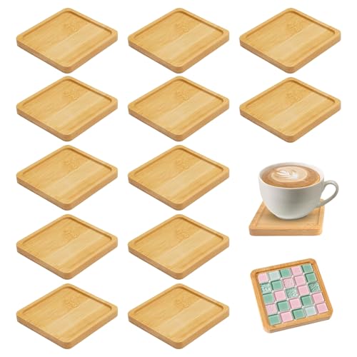 12 Stück Holzuntersetzer Quadratisch, 9cm Untersetzer Holz Bambus Tablett Kleines Tablett mit Rand Mosaik Untersetzers Bastelset Holztablett für DIY Basteln Trinkbecher Wohnzimmer Deko
