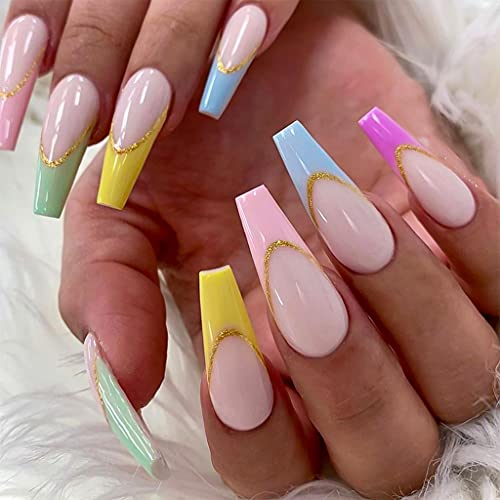 RikView Press on Nails Long Acrylic Nails Coffin Nails French Tip Nails Glossy Fake Nails with Rainbow Design 24PCs/Set
