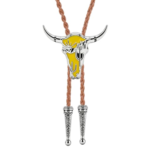 Image of GelConnie Bolero Ties Men Yellow Longhorn Cactus Cowboy Bolo Tie Western | Yellow Longhorn Cactus Cowboy Bolo Tie with Enamel Accent, Adjustable Faux Leather Cord for Bolero Ties Men and Ranch Outfit