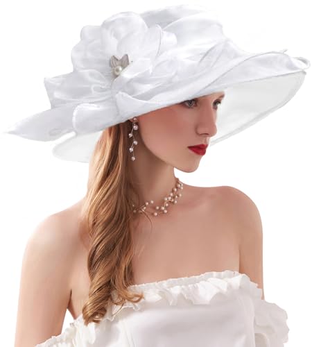 ORIDOOR Womens Organza Church Tea Party Wedding Fascinator Derby Hat Wide Brim Sun Hats (C Pure White)