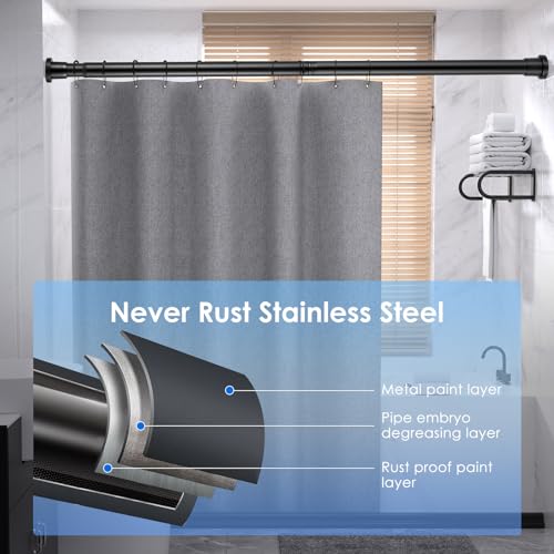 Shower Curtain Pole, No Drilling No Rust Telescopic Shower Rail, Shower Curtain Pole Extendable From 80 to 205cm for Bathroom Kitchen Door Room Divider Net Voile Curtain (Black) - Image 5