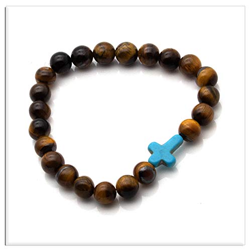 Image of Xusamss Fashion Religious Cross Bracelet 8mm Tiger Eye Turquoise Beads Elastic Bracelet,7 1 /2 wrist