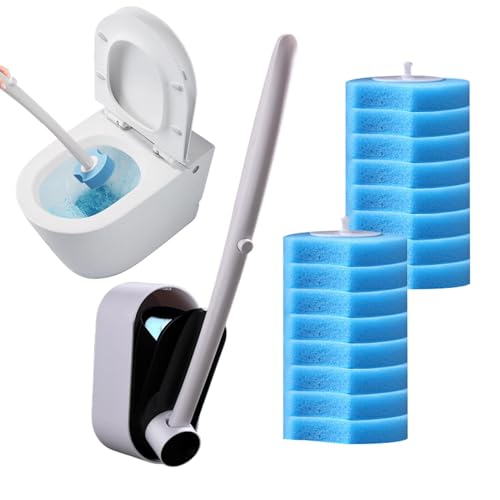 Cepillo limpiador para inodoro - fregadora montada en la pared con 16 almohadillas de repuesto | Kit de limpieza de baño para cal, acumulación de calcio, lechada, azulejos de baño y superficies